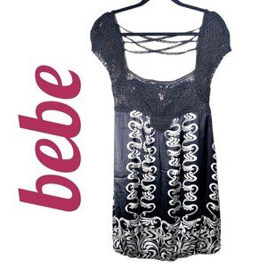 BEBE VTG Y2K SILK BUBBLE MINI DRESS CROCHET BODICE STRAPPY BACK MONOCHROME, M